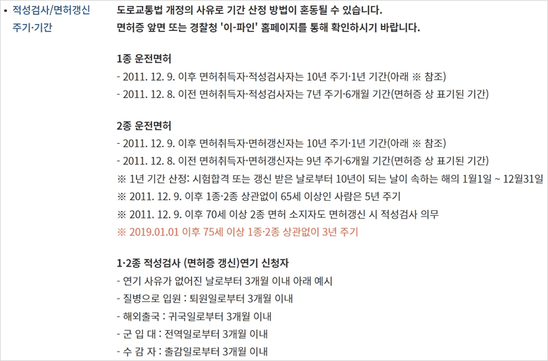 운전면허 종별 적성검사 갱신 주기를 정리한 표