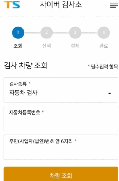검사 종류와 차량번호를 입력하는 화면